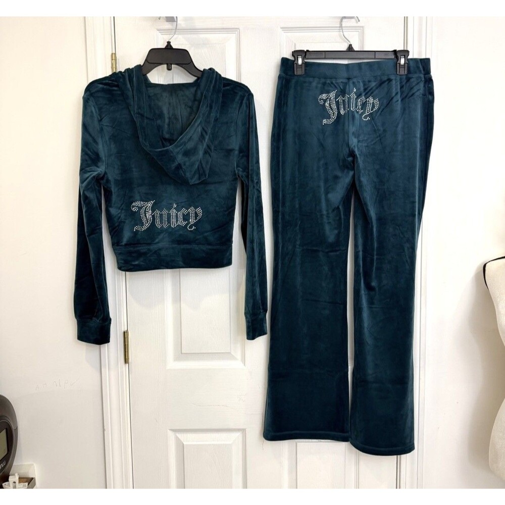 New Juicy Couture Velour Rhinestone Bling Tracksuit Set Sea Deep Teal Medium M